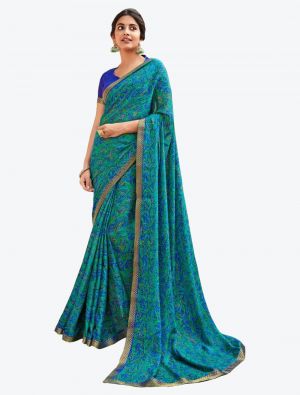 Bluish Green Printed Soft Chiffon Designer Saree small FABSA21106