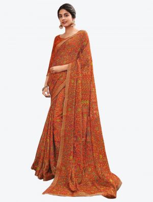 Deep Orange Printed Soft Chiffon Designer Saree small FABSA21103