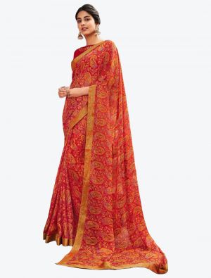 Sunny Red Printed Soft Chiffon Designer Saree small FABSA21112