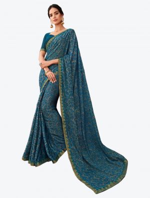 Teal Blue Printed Soft Chiffon Designer Saree small FABSA21113