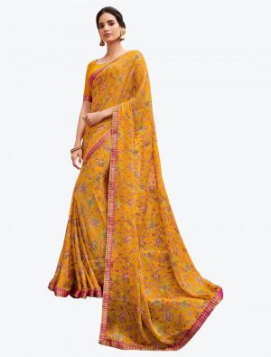 Warm Yellow Printed Soft Chiffon Designer Saree small FABSA21105