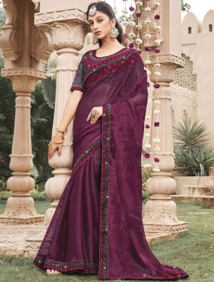 Wine Blooming Shimmer Georgette Embroidered Saree