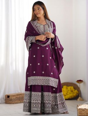 Wine Chinon Silk Ready To Wear Sharara Suit FABSL22132