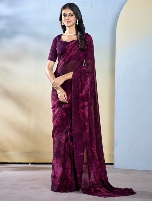 Wine Georgette Ready To Wear Saree With Unstitched Blouse