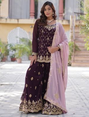 Wine Georgette Ready To Wear Sharara Suit FABSL22087