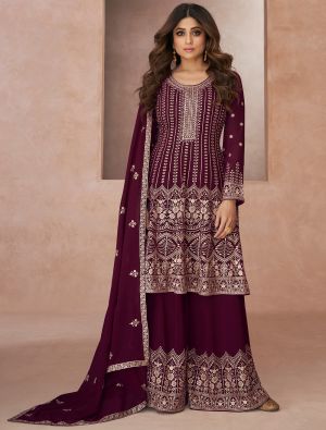 Wine Georgette Semi Stitched Embroidered Palazzo Suit small FABSL21621