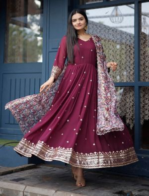 wine georgette zari embroidered readymade gown with dupatta fabgo20267