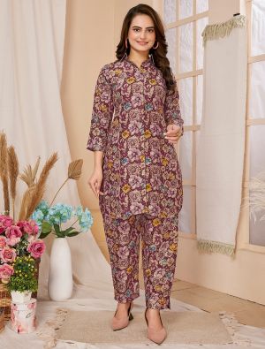 wine rayon digital printed co ord set fabku21001