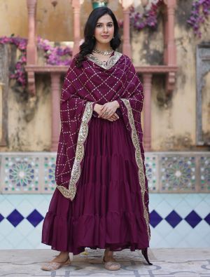 wine star georgette flared anarkali gown with dupatta fabgo20351