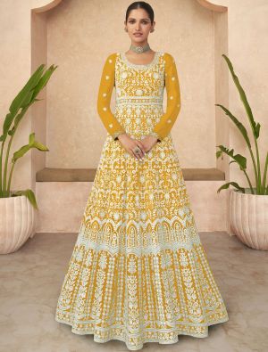 Yellow Georgette Semi Stitched Embroidered Anarkali Suit small FABSL21673
