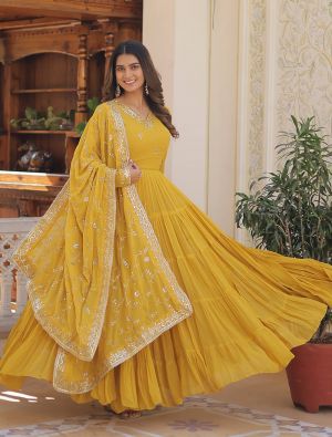 yellow georgette sequined anarkali gown with dupatta fabgo20286