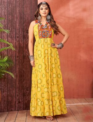 yellow georgette stylish gown with kutch work fabgo20325