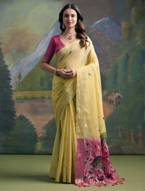 Yellow Muga Cotton Saree With Zari Weaving