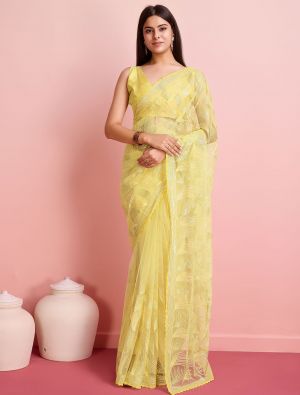 Yellow Soft Net Party Wear Saree With Sequins