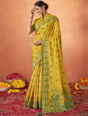 Yellow Tussar Silk Festive Wear Woven Saree FABSA22149
