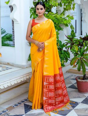 Yellow Tussar Silk Saree With Silver And Copper Zari Weaves