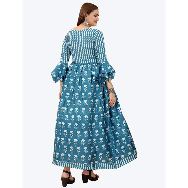 Light Blue Muslin Printed Maxi Dress Online FABKU20694 FABANZA