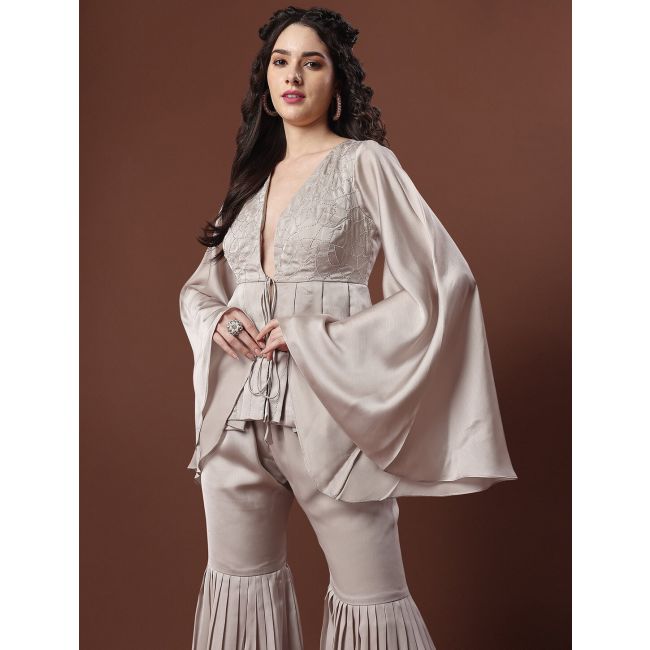 Beige Chiffon Satin Modern Indo Western Dress Online FABKU20776 FABANZA Beige Chiffon Satin Modern Indo Western Dress Online FABKU20776 FABANZA
