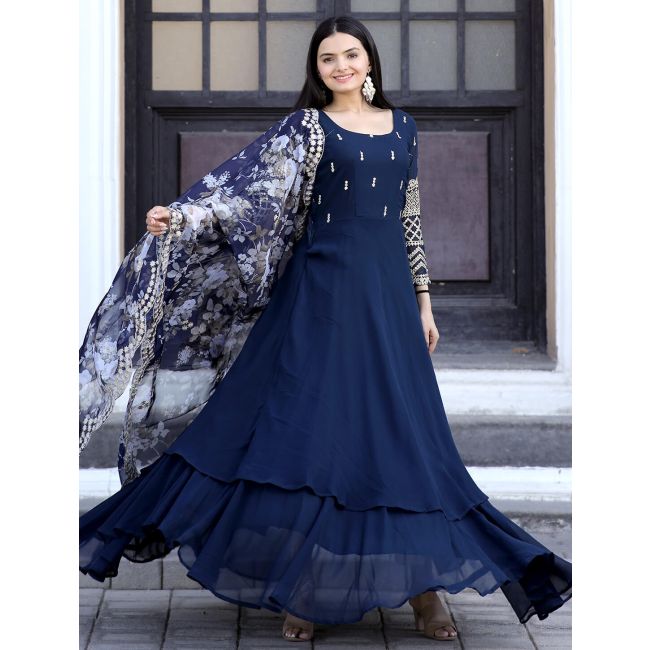 navy blue georgette embroidered readymade gown with dupatta online  fabgo20220 fabanza