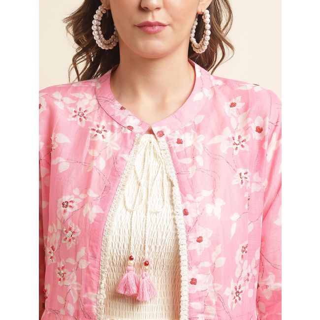 Creamy White Rayon Cotton Women's Dress With Printed Shrug Online  FABKU20828 FABANZA