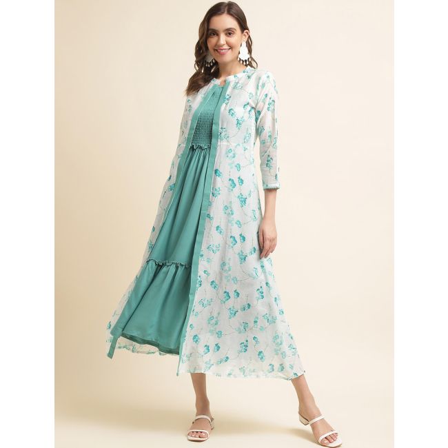 Turquoise Rayon Cotton Women's Dress With Printed Shrug Online FABKU20827  FABANZA