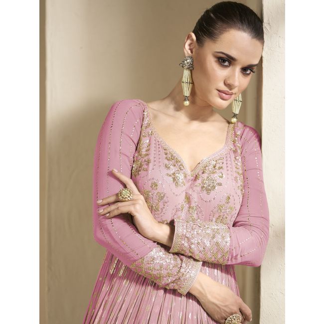 Baby Pink Georgette Semi Stitched Designer Anarkali Suit Online FABANZA