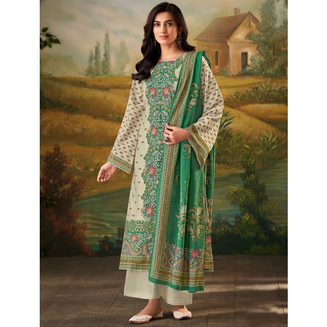 Cream And Green Muslin Pakistani Salwar Kameez Online FABANZA Cream And Green Muslin Pakistani Salwar Kameez Online FABANZA