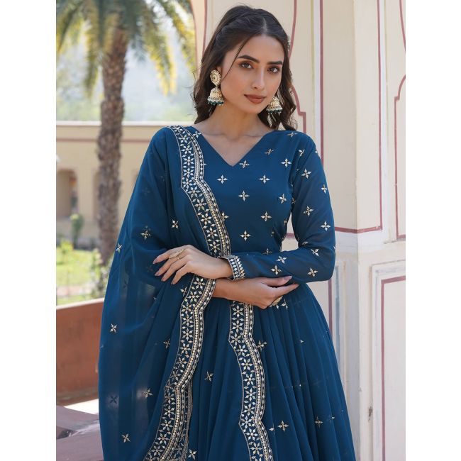 denim blue georgette sequined anarkali gown with dupatta online fabgo20290  fabanza