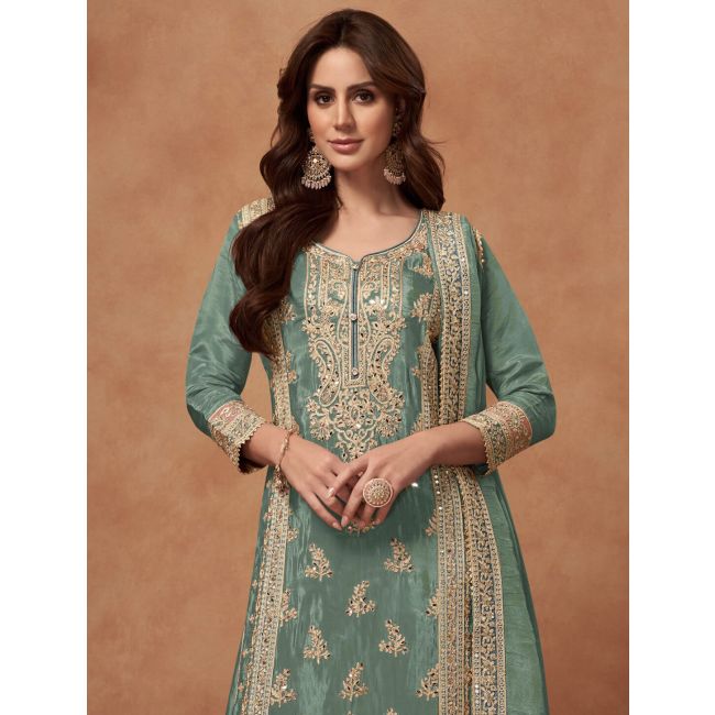 short flowy dresses formal Green color designer look mirror plazo suit buy now– Joshindia main image 1