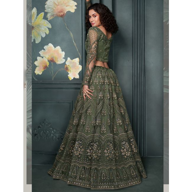 Fern Green Soft Net Wedding Wear Lehenga Choli Online FABANZA