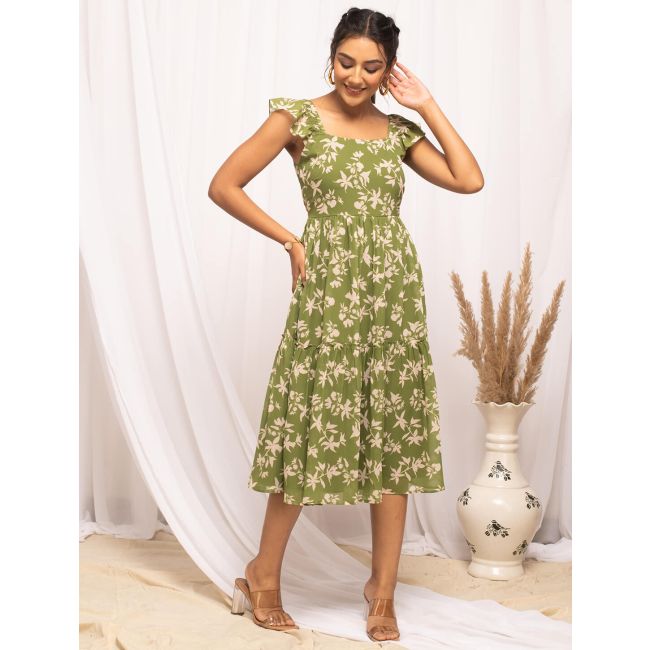 Moss Green Georgette Casual Wear Printed Frock Online FABKU20949 FABANZA