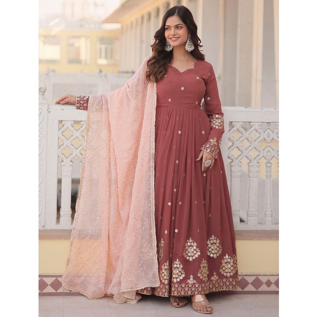 brown dressing table with drawers Coffee Brown Round Neck With Potli Button Detailed, Long Sleeves Anarkali  Kurta Paired With Contrast Printed Dupatta With Four Sided Fringes – Varanga main image 0