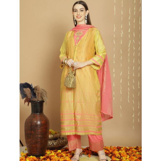 Sunny Yellow Chanderi Silk Semi Stitched Salwar Suit Online FABANZA Sunny Yellow Chanderi Silk Semi Stitched Salwar Suit Online FABANZA