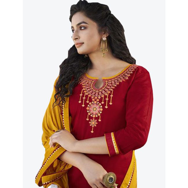 open lace back dress Adaa Bazaar Women's Readymade Patiala Suit (Maroon) With Dupatta main image 1