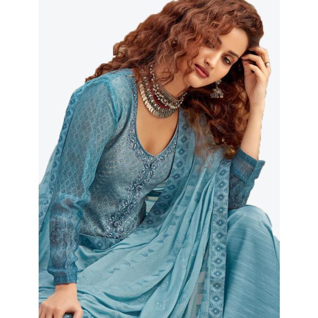 Light Blue Pure Viscose Chinon Chiffon Dress Material with Dupatta Online  FABANZA