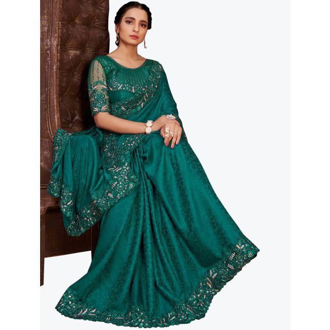 Rama Green Jacquard Self Pure Satin Party Wear Designer Saree Online  FABSA21757 FABANZA