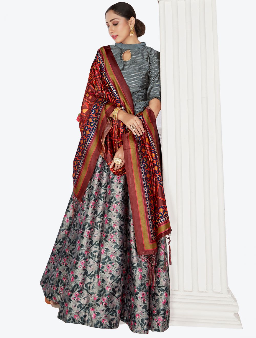 Semi-Stitched Stone With Embroidery Work Lehenga & Blouse with Dupatta  Online - Online The Chennai Silks