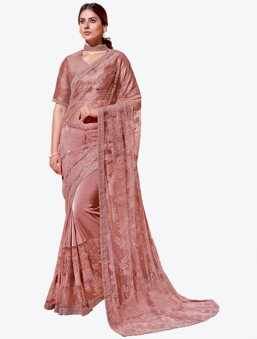 rose gold lycra heavy embroidery work party wear designer saree fabsa21266