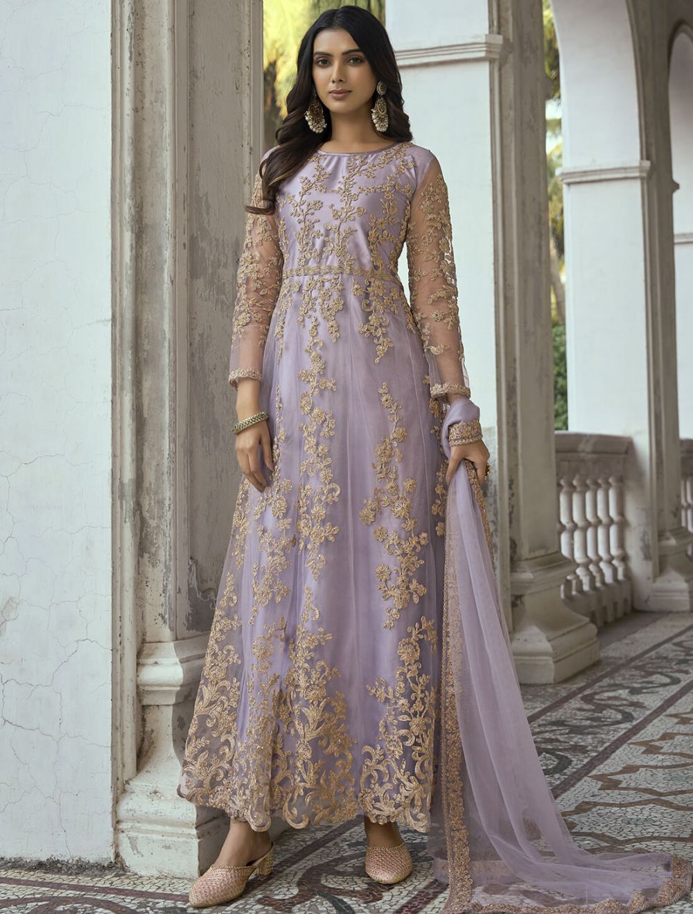 Buy SCAKHI Purple Chinon Silk Block Print Anarkali Dress With Embroidered  Belt | Shoppers Stop