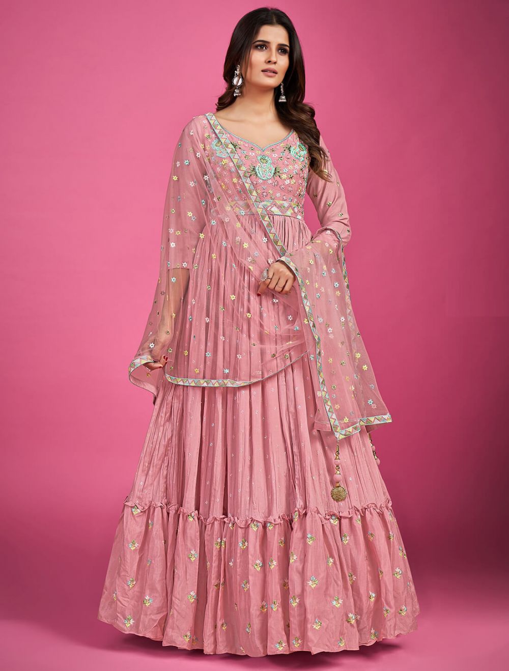 Pink Baby Pink Embroidered Gown by HER CLOSET for rent online | FLYROBE