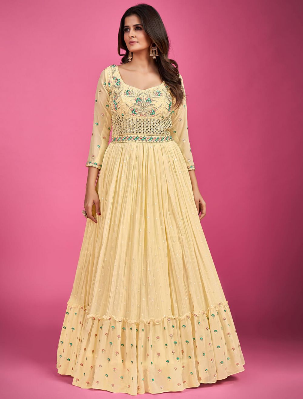 Sunny Yellow Printed & Embroidered Gown Design by REDPINE DESIGNS at  Pernia's Pop Up Shop 2024