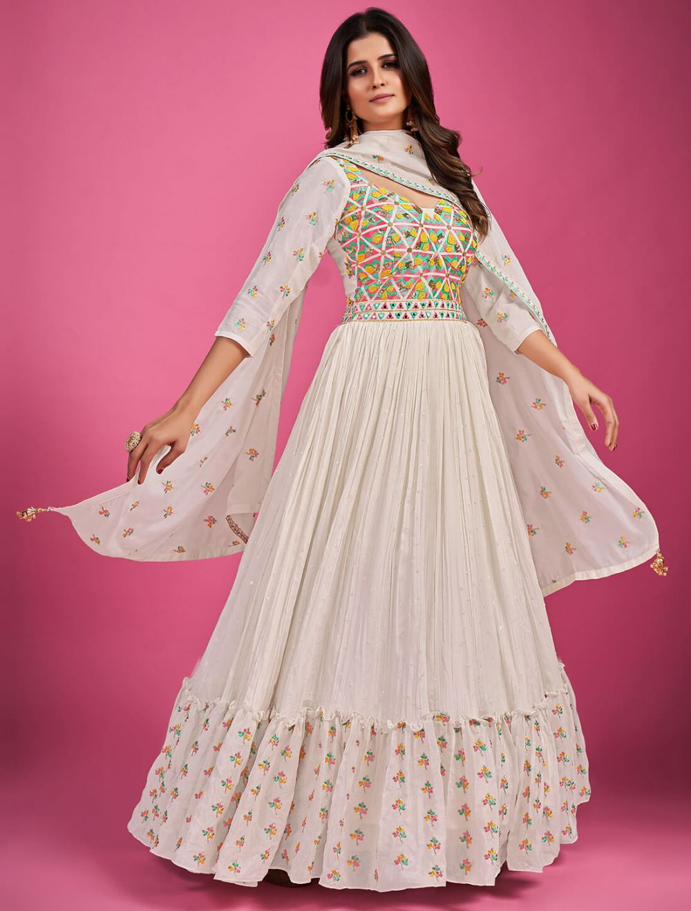 Pink Digital Printed Cotton Silk Partywear Gown