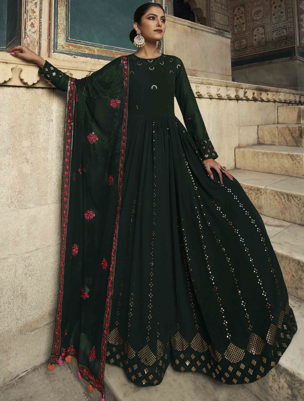 Rama green silk anarkali gown with embroidered bodice with peach cotton  dupatta in lace embroidery only on Kalki