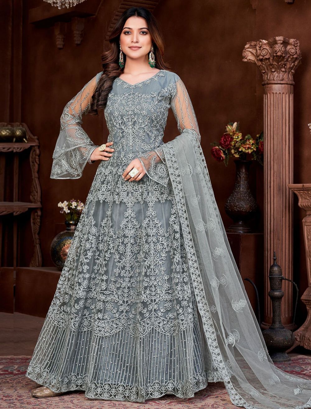 Net Grey Embroidered Party Wear Gown Set, 3/4 Sleeve at Rs 1495 in New Delhi