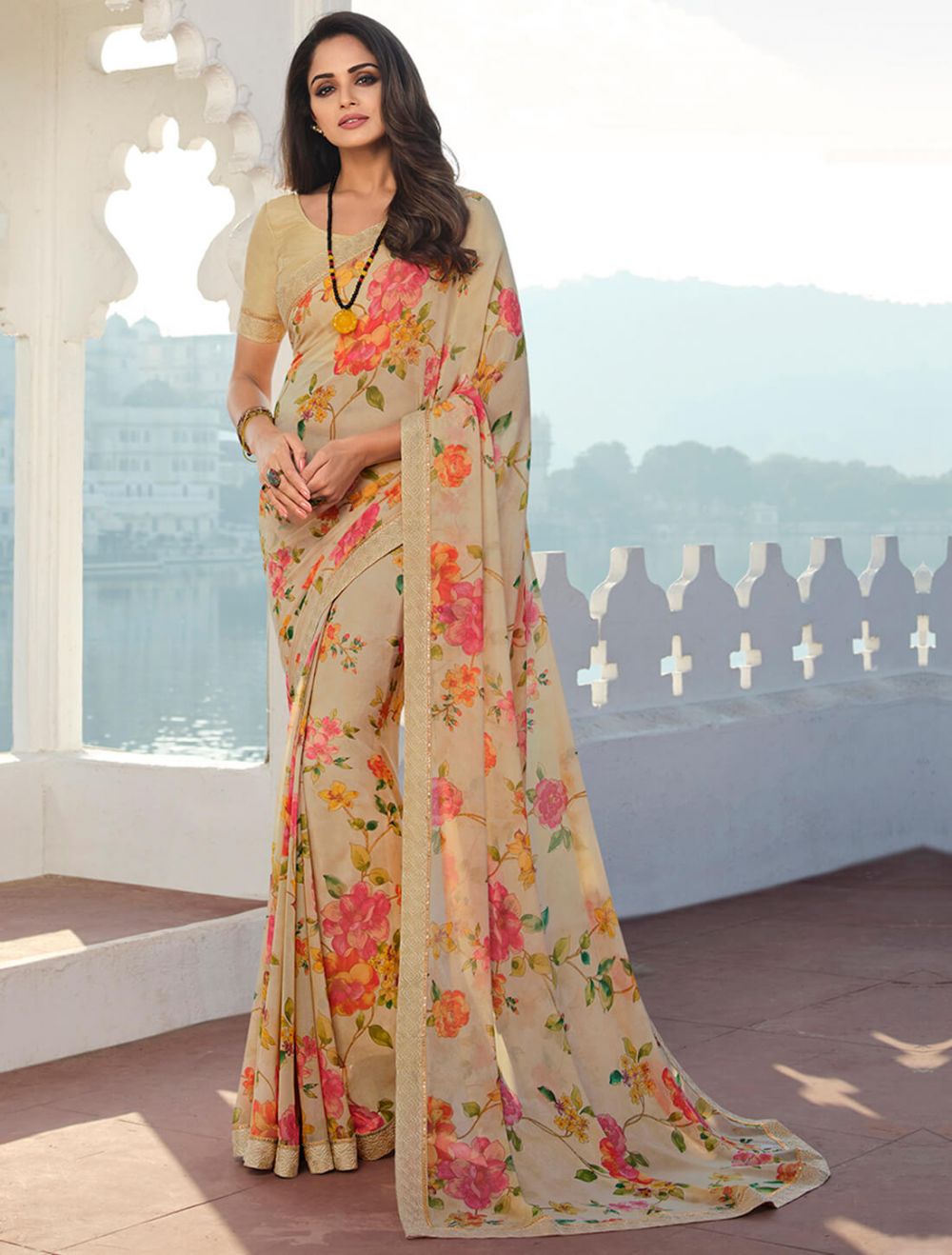 Women Plain Weave Chiffon Floral Printed Saree with Blouse Piece – Mirchi  Fashion