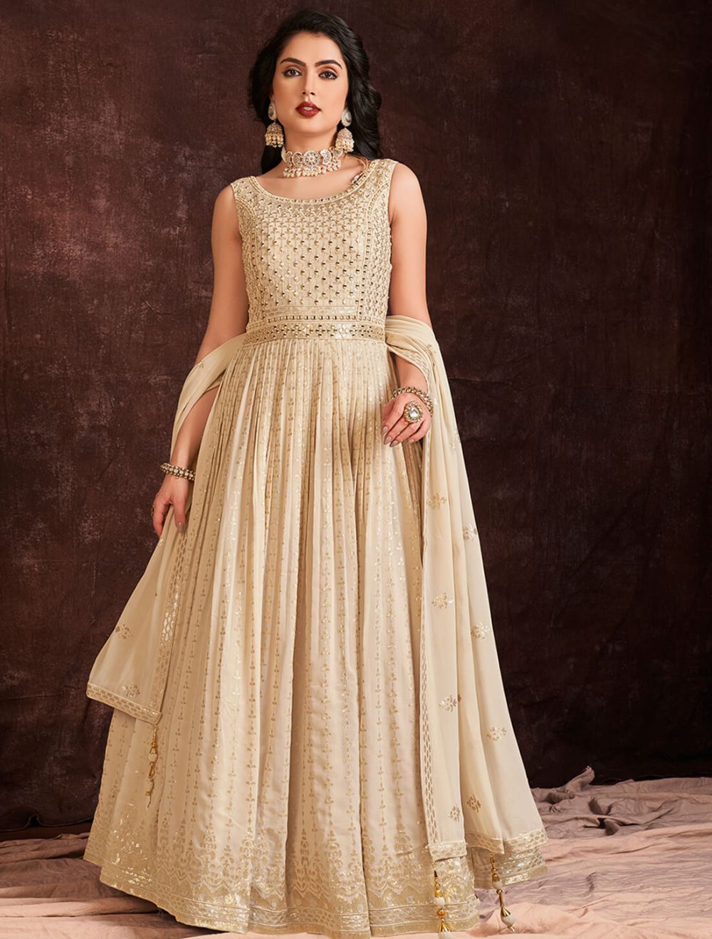 New Arrival embroidered Embroidered Cream anarkali gown DMV12666