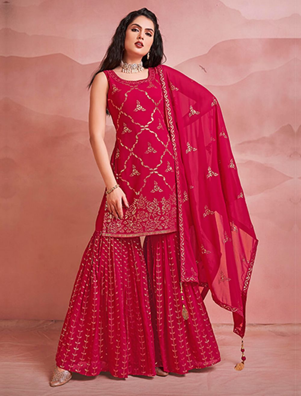 Georgette Designer Party Wear Embroidery Work Pink Sharara Suit at Rs  1799/piece in Surat