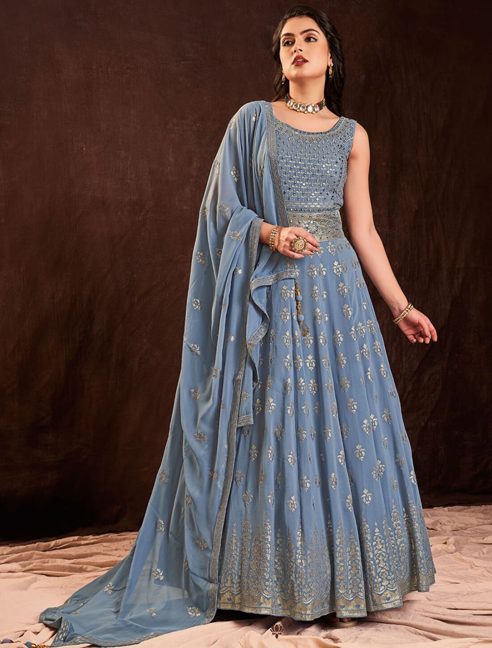 Blue Pure Georgette Party Wear Sequins Work Ready To Wear Lehenga Choli