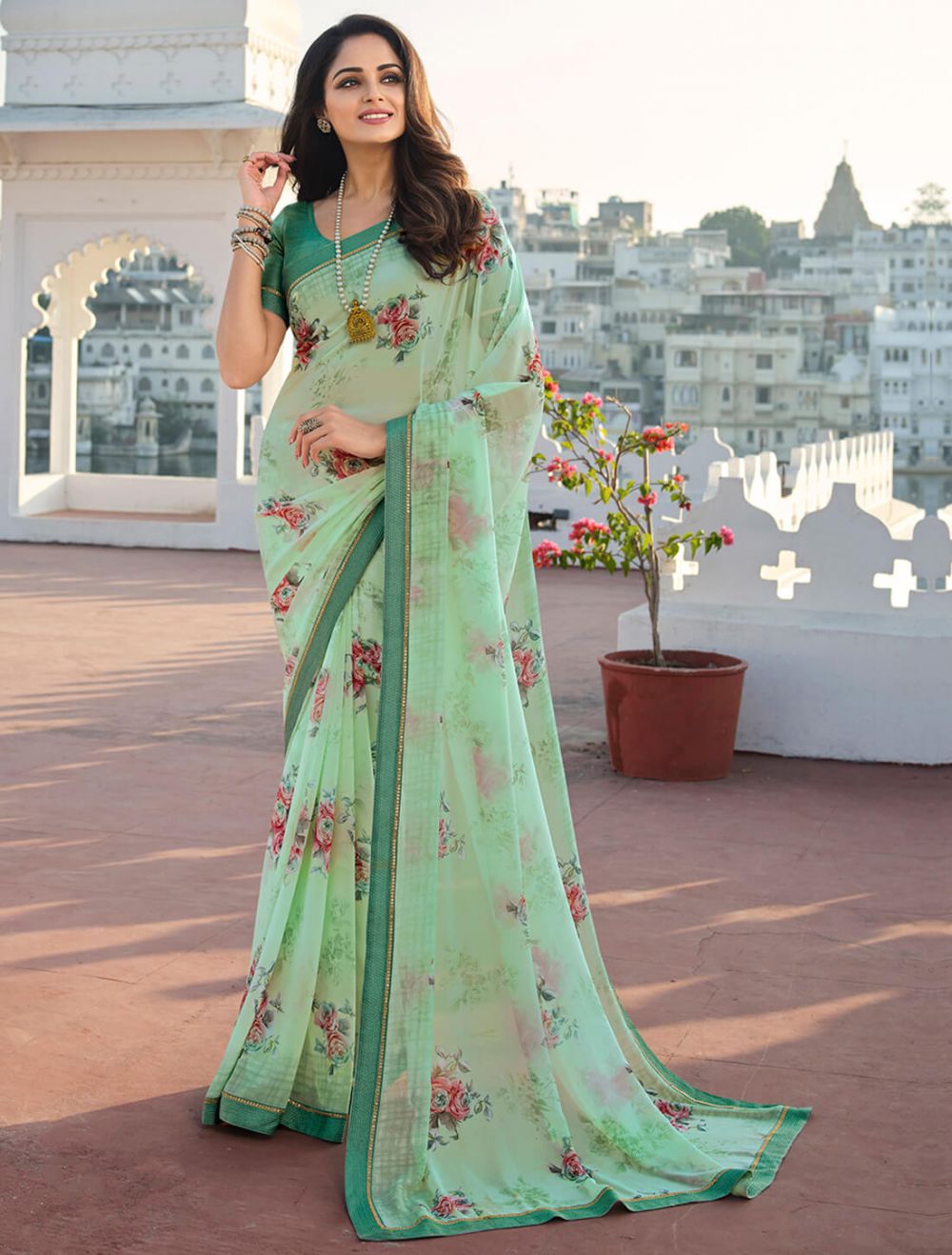 Grootinn Party Wear Designer Printed Georgette Saree With Pearl Lace, 5.5 M  (separate Blouse Piece) at Rs 650 in Surat