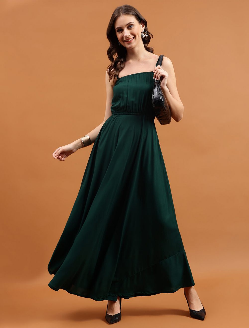 Beautiful Dark Green Colored Partywear Rayon Gown With Chiffon Digital